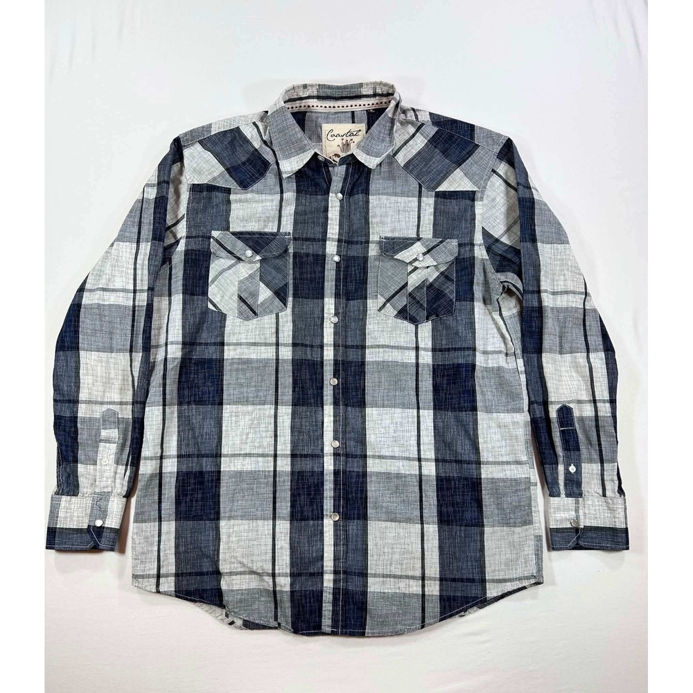 Coastal Mens XL Western Snap Button Shirt Blue White Plaid Long Sleeve Slub